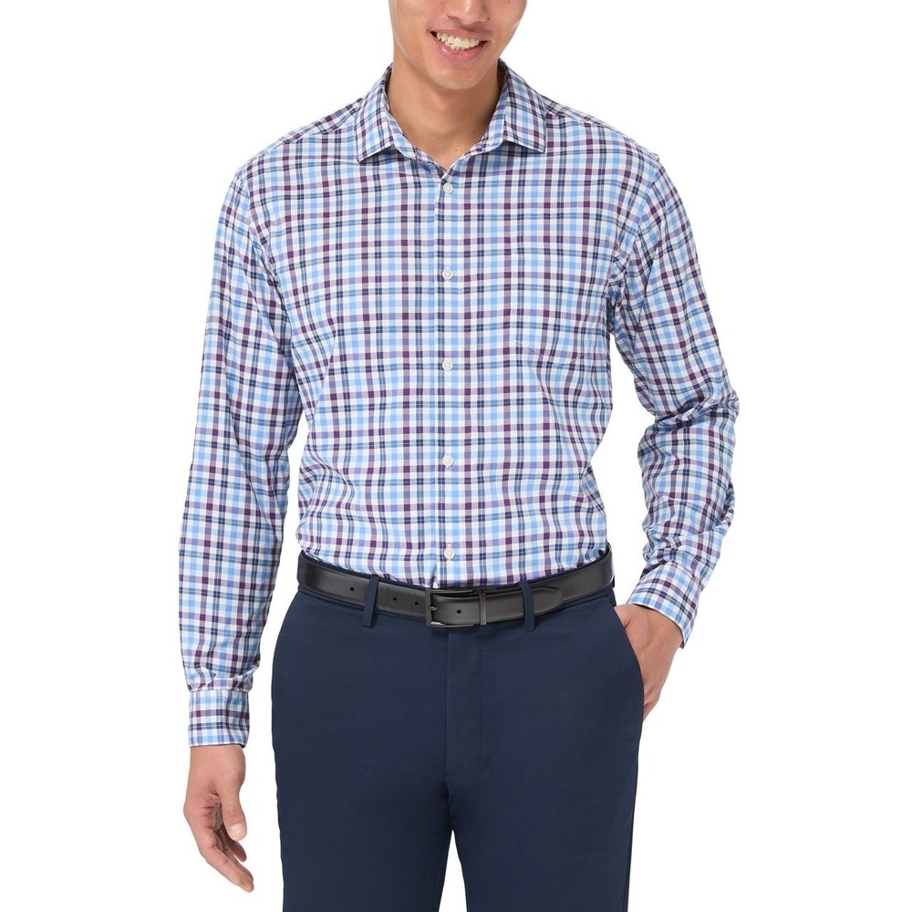 Kirkland Signature Nylon Performance Shirt Men Plaid, Blue / Purple, XL, New